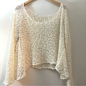 Elegant Boho Cream Crochet Knit Draped Cropped Sweater
